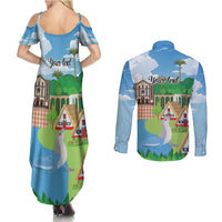 Feliz Dia de Madeira Personalized Couples Matching Summer Maxi Dress and Long Sleeve Button Shirt Traditional Palheiros Straw-roofed Houses - Wonder Print Shop