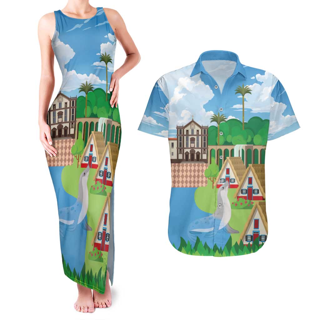 Feliz Dia de Madeira Personalized Couples Matching Tank Maxi Dress and Hawaiian Shirt Traditional Palheiros Straw-roofed Houses - Wonder Print Shop