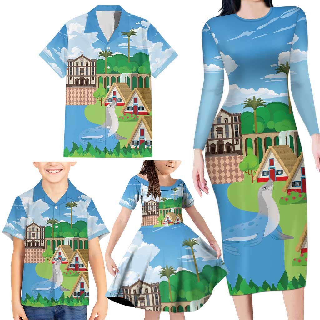 Feliz Dia de Madeira Personalized Family Matching Long Sleeve Bodycon Dress and Hawaiian Shirt Traditional Palheiros Straw-roofed Houses - Wonder Print Shop