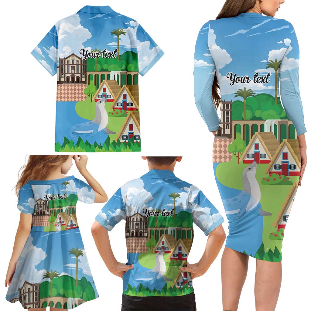 Feliz Dia de Madeira Personalized Family Matching Long Sleeve Bodycon Dress and Hawaiian Shirt Traditional Palheiros Straw-roofed Houses - Wonder Print Shop