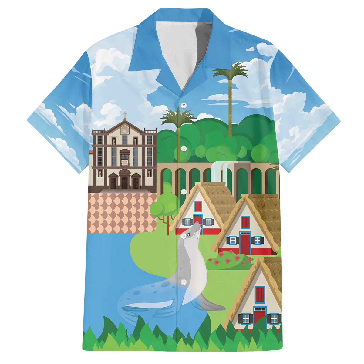 Feliz Dia de Madeira Personalized Family Matching Off The Shoulder Long Sleeve Dress and Hawaiian Shirt Traditional Palheiros Straw-roofed Houses - Wonder Print Shop
