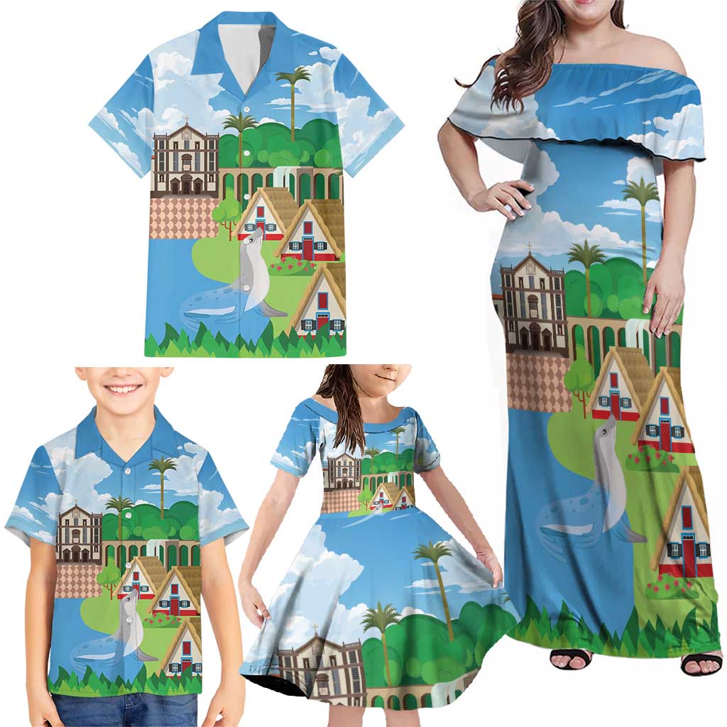 Feliz Dia de Madeira Personalized Family Matching Off Shoulder Maxi Dress and Hawaiian Shirt Traditional Palheiros Straw-roofed Houses - Wonder Print Shop