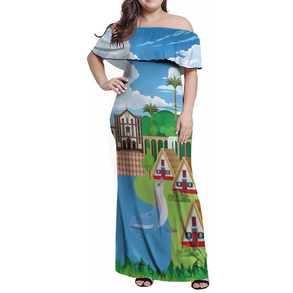 Feliz Dia de Madeira Personalized Family Matching Off Shoulder Maxi Dress and Hawaiian Shirt Traditional Palheiros Straw-roofed Houses - Wonder Print Shop