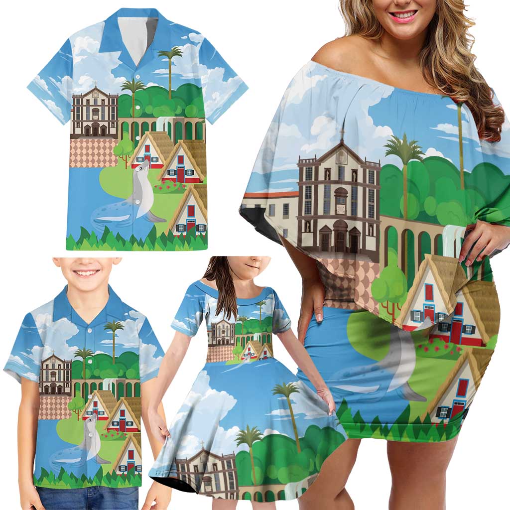 Feliz Dia de Madeira Personalized Family Matching Off Shoulder Short Dress and Hawaiian Shirt Traditional Palheiros Straw-roofed Houses - Wonder Print Shop