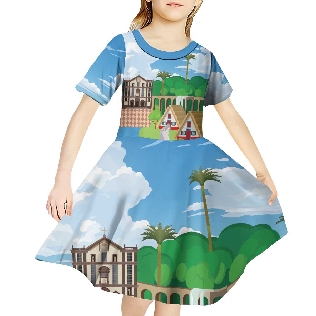 Feliz Dia de Madeira Personalized Kid Short Sleeve Dress Traditional Palheiros Straw-roofed Houses - Wonder Print Shop