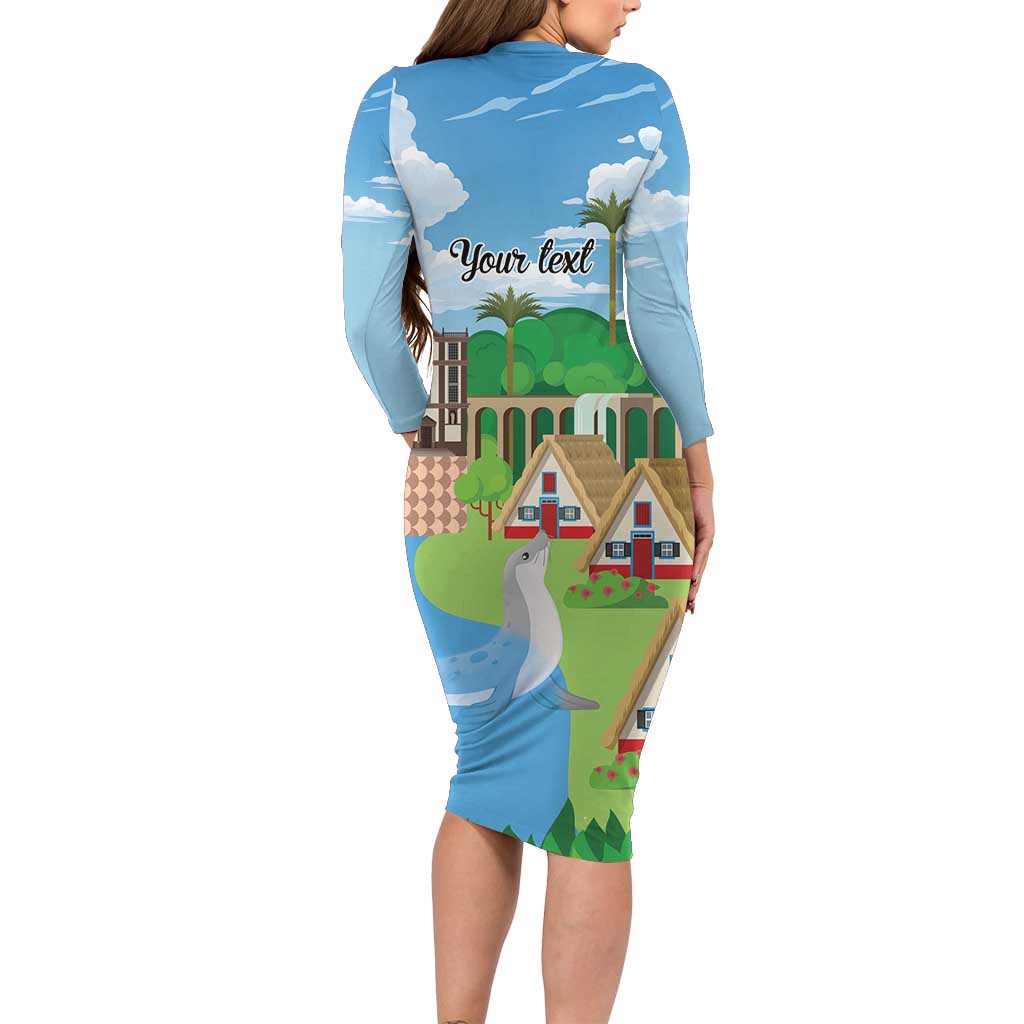 Feliz Dia de Madeira Personalized Long Sleeve Bodycon Dress Traditional Palheiros Straw-roofed Houses - Wonder Print Shop