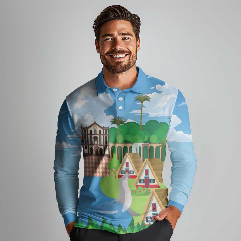 Feliz Dia de Madeira Personalized Long Sleeve Polo Shirt Traditional Palheiros Straw-roofed Houses - Wonder Print Shop