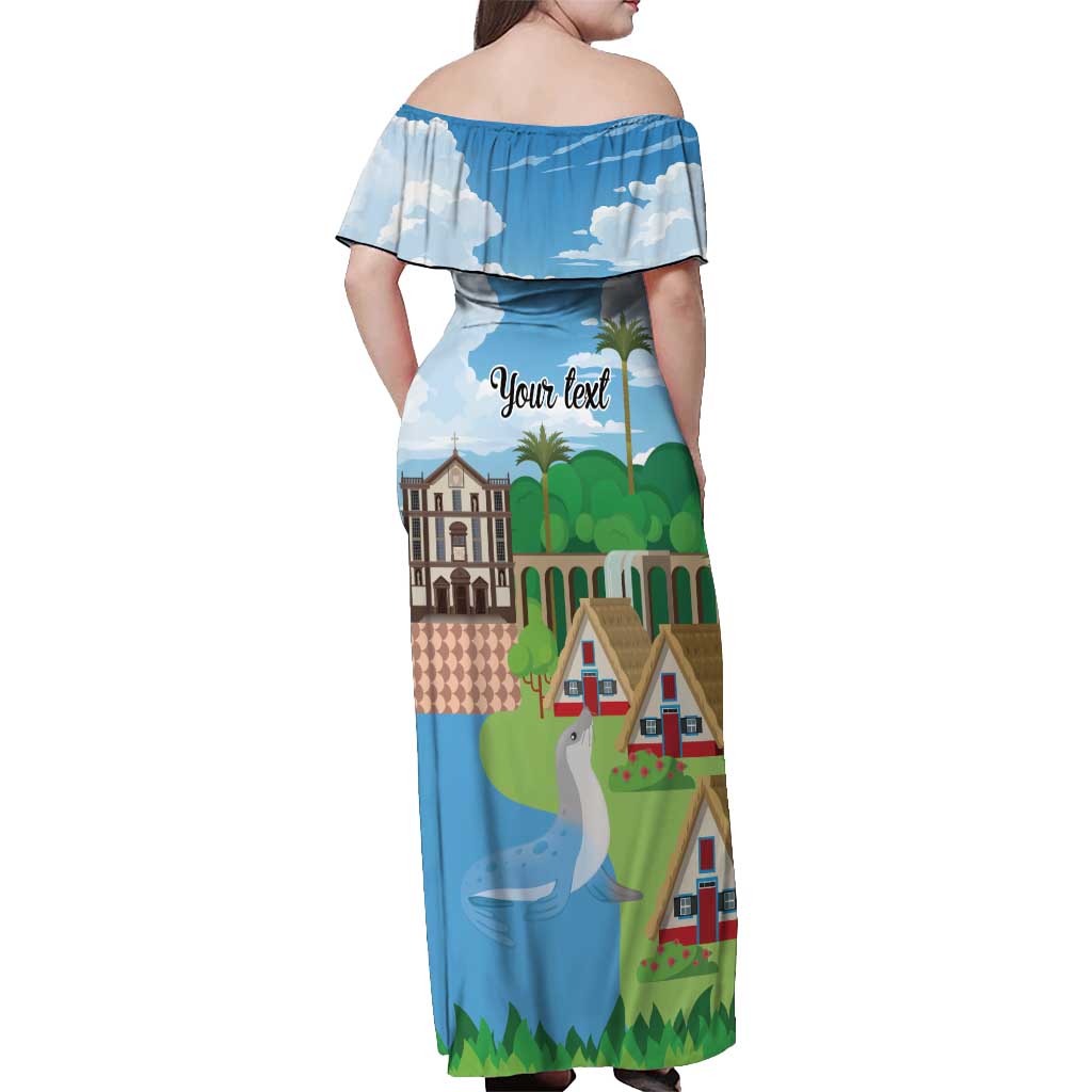 Feliz Dia de Madeira Personalized Off Shoulder Maxi Dress Traditional Palheiros Straw-roofed Houses - Wonder Print Shop