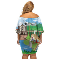 Feliz Dia de Madeira Personalized Off Shoulder Short Dress Traditional Palheiros Straw-roofed Houses - Wonder Print Shop