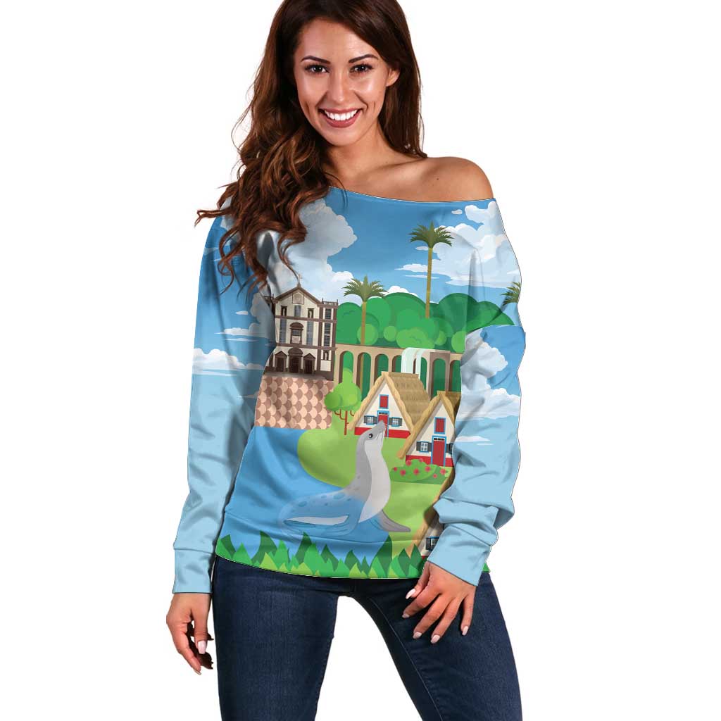 Feliz Dia de Madeira Personalized Off Shoulder Sweater Traditional Palheiros Straw-roofed Houses - Wonder Print Shop