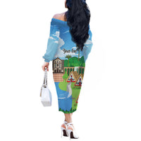 Feliz Dia de Madeira Personalized Off The Shoulder Long Sleeve Dress Traditional Palheiros Straw-roofed Houses - Wonder Print Shop