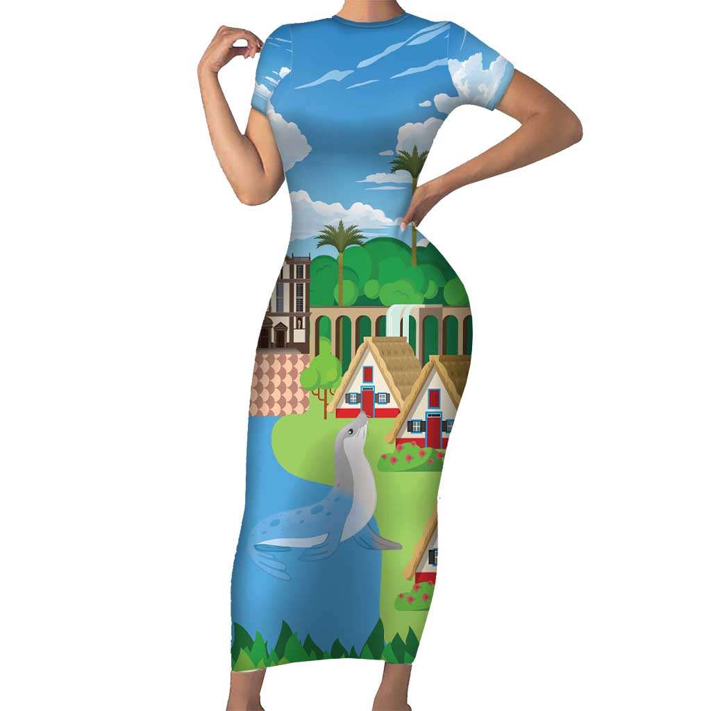 Feliz Dia de Madeira Personalized Short Sleeve Bodycon Dress Traditional Palheiros Straw-roofed Houses - Wonder Print Shop