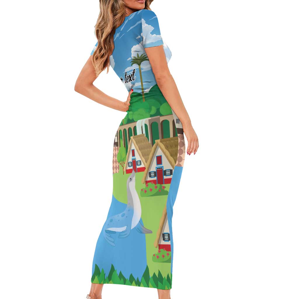 Feliz Dia de Madeira Personalized Short Sleeve Bodycon Dress Traditional Palheiros Straw-roofed Houses - Wonder Print Shop