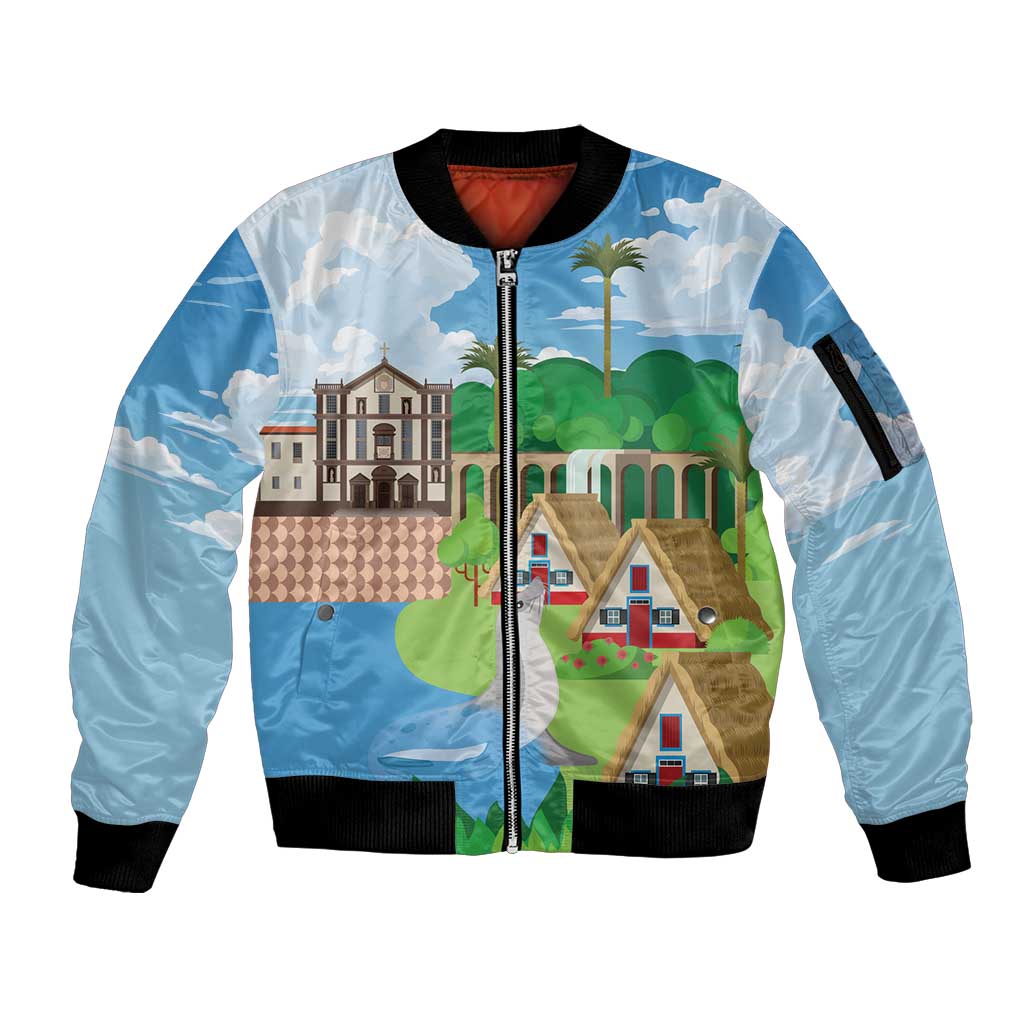 Feliz Dia de Madeira Personalized Sleeve Zip Bomber Jacket Traditional Palheiros Straw-roofed Houses - Wonder Print Shop
