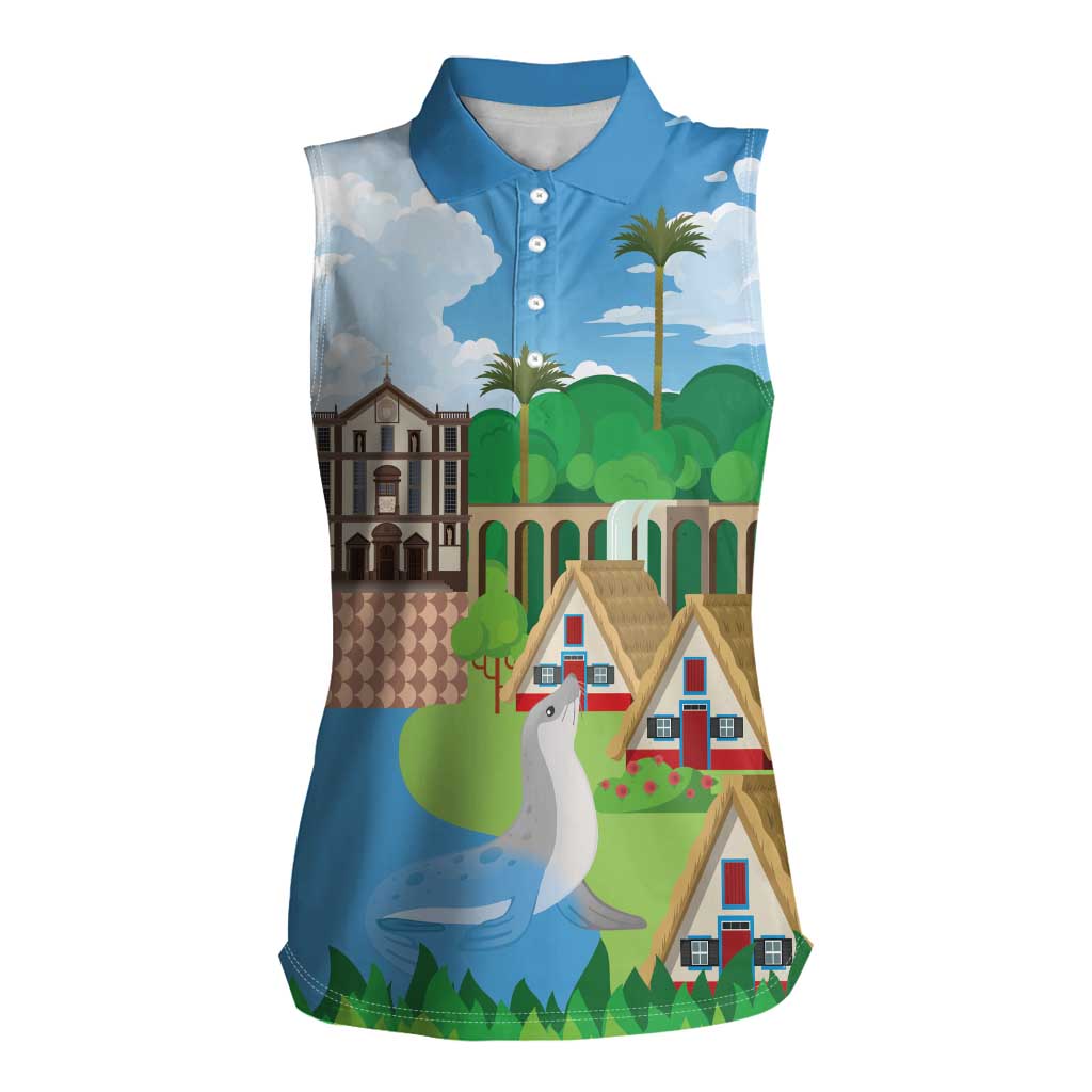 Feliz Dia de Madeira Personalized Women Sleeveless Polo Shirt Traditional Palheiros Straw-roofed Houses - Wonder Print Shop
