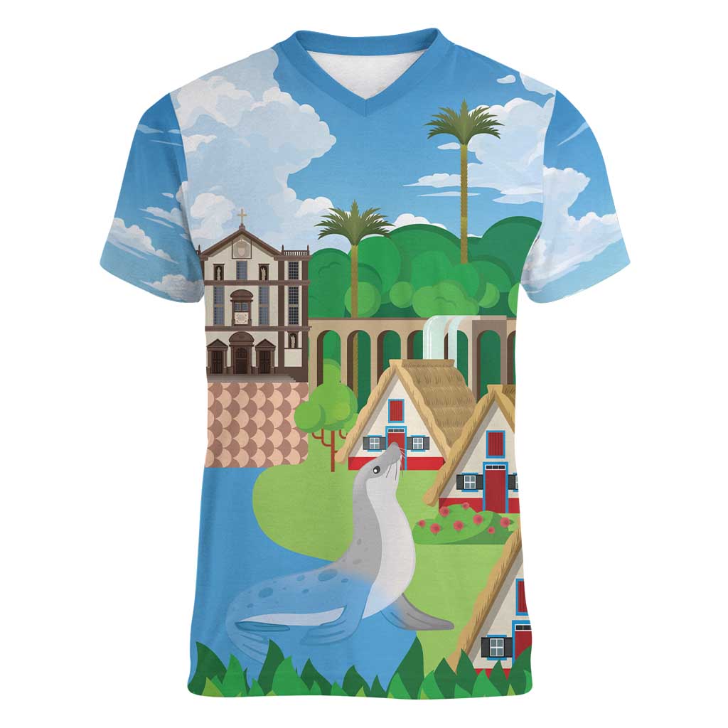 Feliz Dia de Madeira Personalized Women V-Neck T-Shirt Traditional Palheiros Straw-roofed Houses - Wonder Print Shop