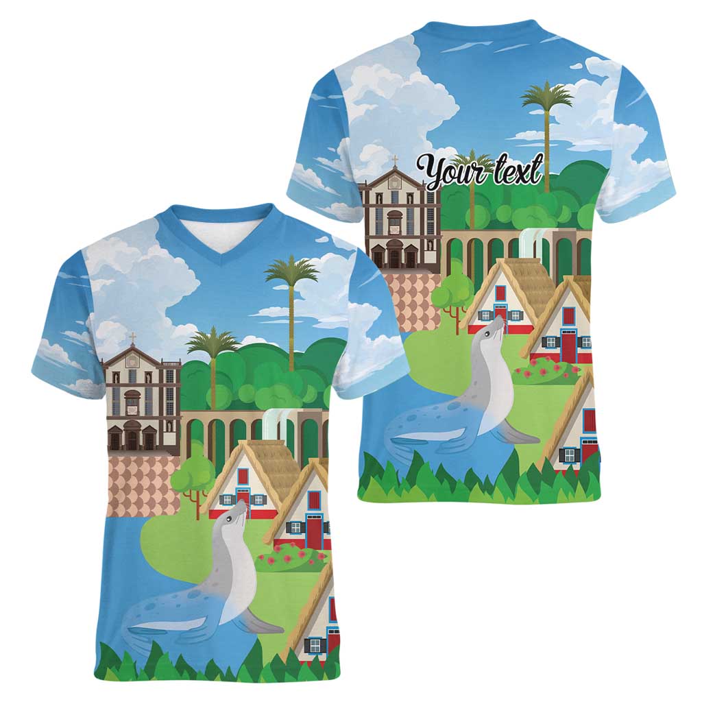 Feliz Dia de Madeira Personalized Women V-Neck T-Shirt Traditional Palheiros Straw-roofed Houses - Wonder Print Shop
