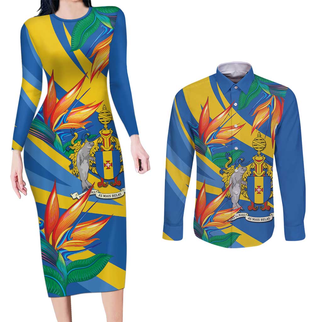 Bird of Paradise Flower Madeira Personalized Couples Matching Long Sleeve Bodycon Dress and Long Sleeve Button Shirt - Wonder Print Shop