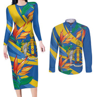 Bird of Paradise Flower Madeira Personalized Couples Matching Long Sleeve Bodycon Dress and Long Sleeve Button Shirt - Wonder Print Shop