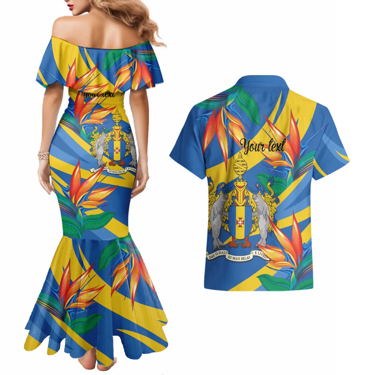 Bird of Paradise Flower Madeira Personalized Couples Matching Mermaid Dress and Hawaiian Shirt - Wonder Print Shop