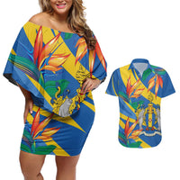 Bird of Paradise Flower Madeira Personalized Couples Matching Off Shoulder Short Dress and Hawaiian Shirt - Wonder Print Shop