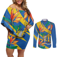 Bird of Paradise Flower Madeira Personalized Couples Matching Off Shoulder Short Dress and Long Sleeve Button Shirt - Wonder Print Shop