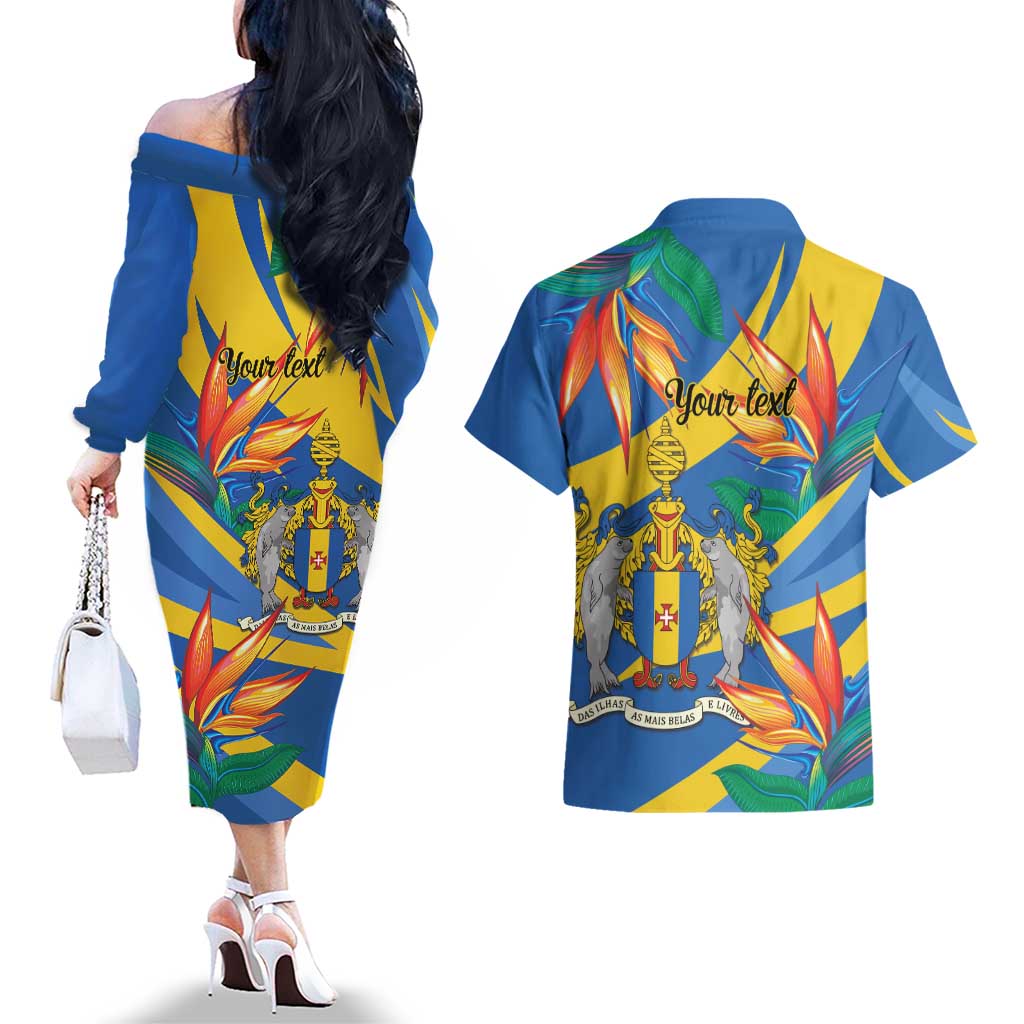 Bird of Paradise Flower Madeira Personalized Couples Matching Off The Shoulder Long Sleeve Dress and Hawaiian Shirt - Wonder Print Shop