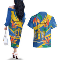 Bird of Paradise Flower Madeira Personalized Couples Matching Off The Shoulder Long Sleeve Dress and Hawaiian Shirt - Wonder Print Shop