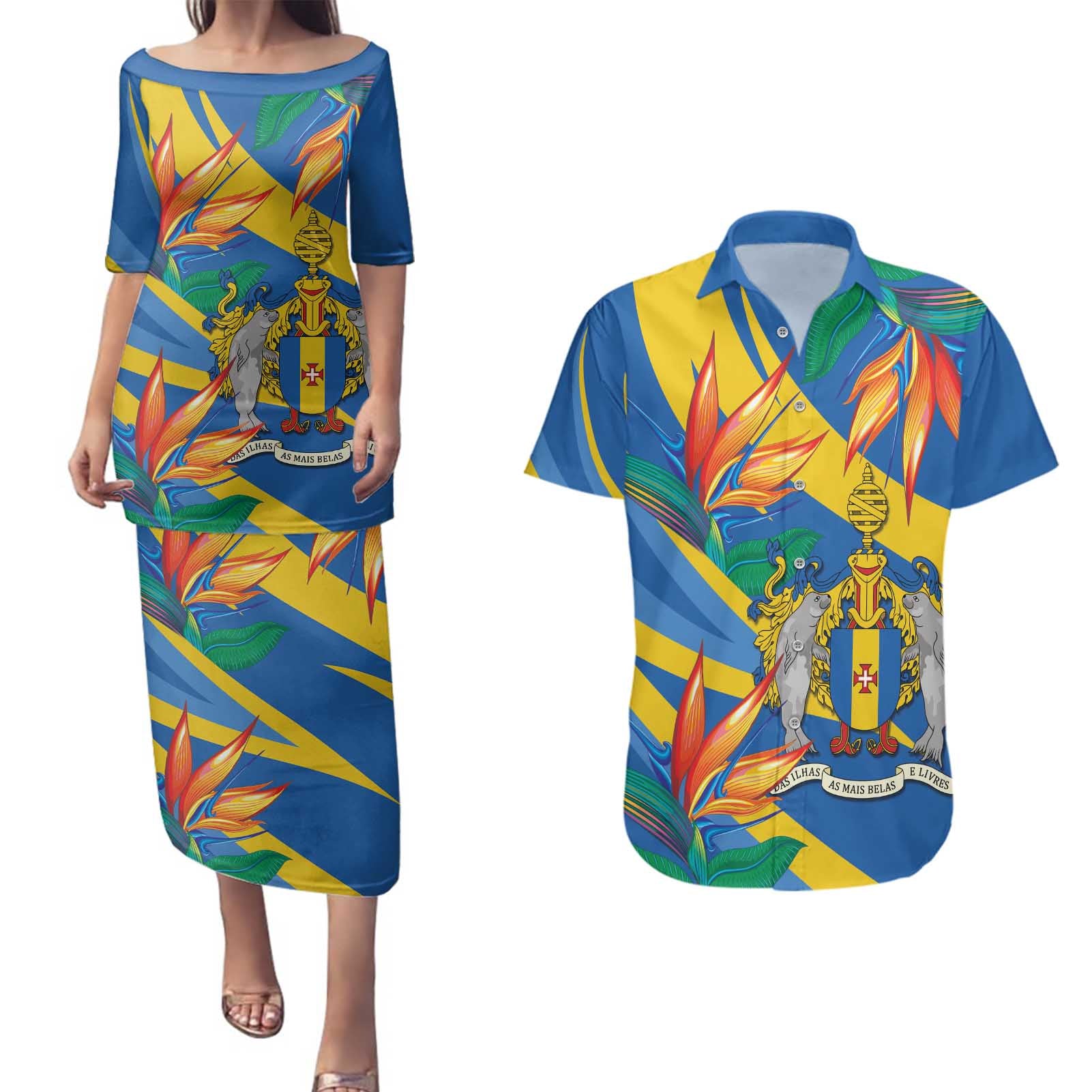 Bird of Paradise Flower Madeira Personalized Couples Matching Puletasi and Hawaiian Shirt - Wonder Print Shop