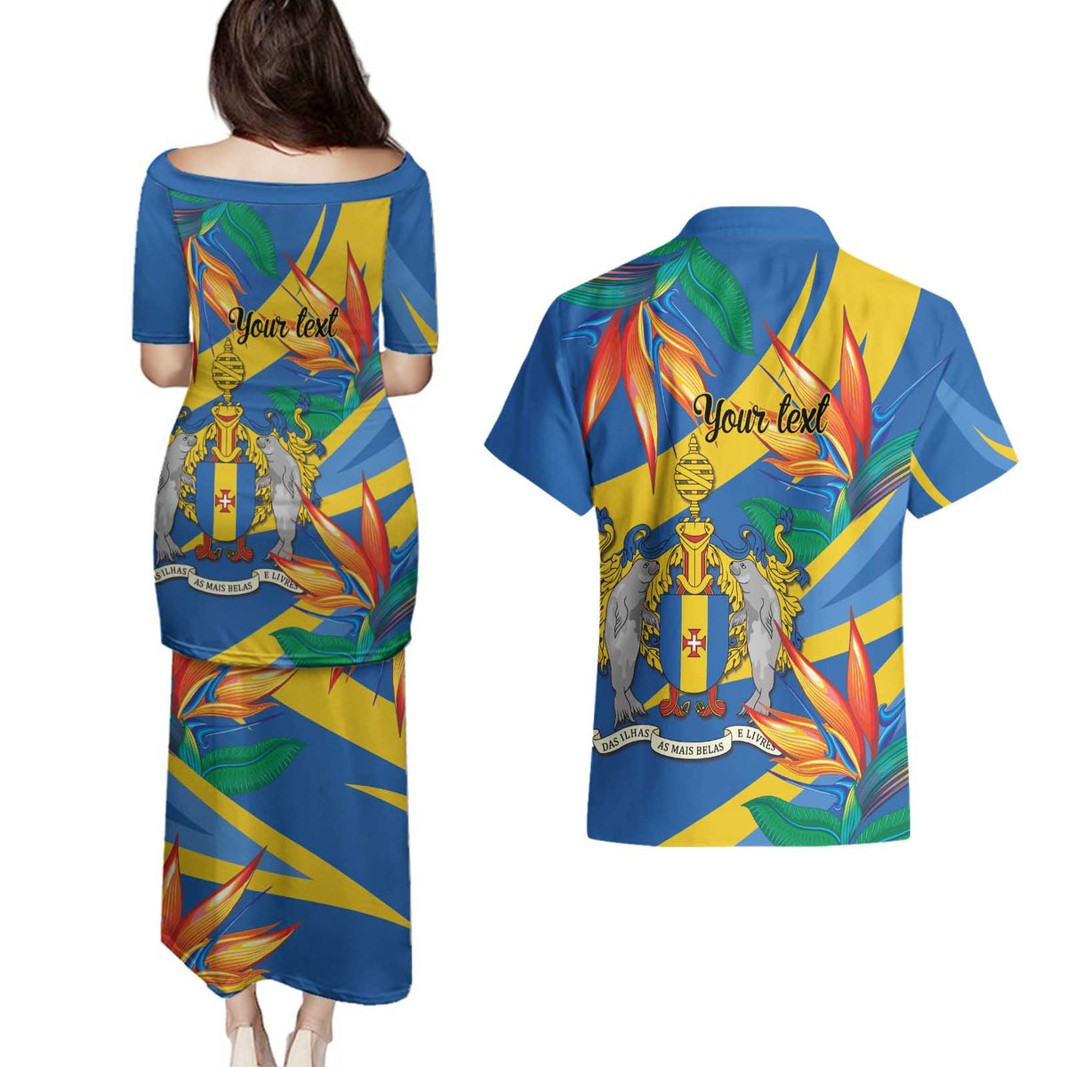 Bird of Paradise Flower Madeira Personalized Couples Matching Puletasi and Hawaiian Shirt - Wonder Print Shop