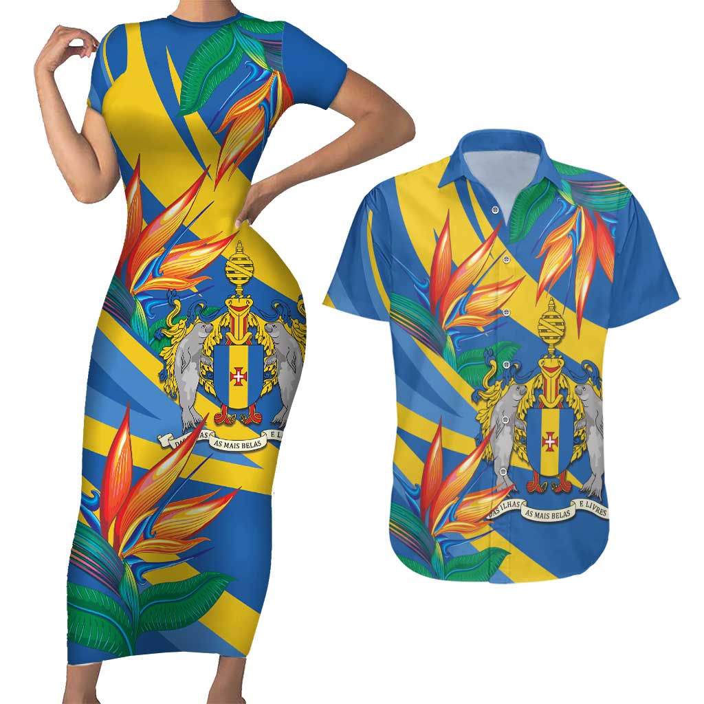 Bird of Paradise Flower Madeira Personalized Couples Matching Short Sleeve Bodycon Dress and Hawaiian Shirt - Wonder Print Shop