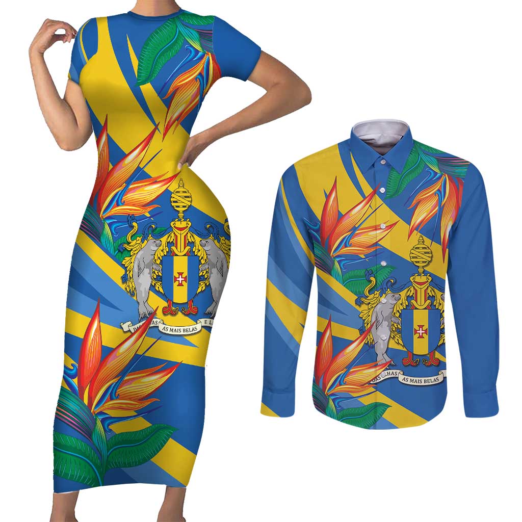 Bird of Paradise Flower Madeira Personalized Couples Matching Short Sleeve Bodycon Dress and Long Sleeve Button Shirt - Wonder Print Shop