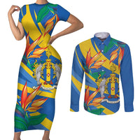 Bird of Paradise Flower Madeira Personalized Couples Matching Short Sleeve Bodycon Dress and Long Sleeve Button Shirt - Wonder Print Shop