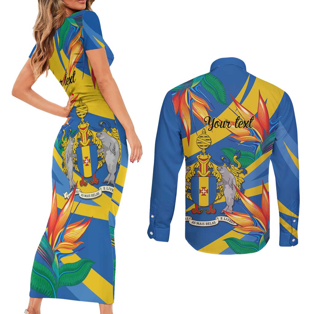 Bird of Paradise Flower Madeira Personalized Couples Matching Short Sleeve Bodycon Dress and Long Sleeve Button Shirt - Wonder Print Shop