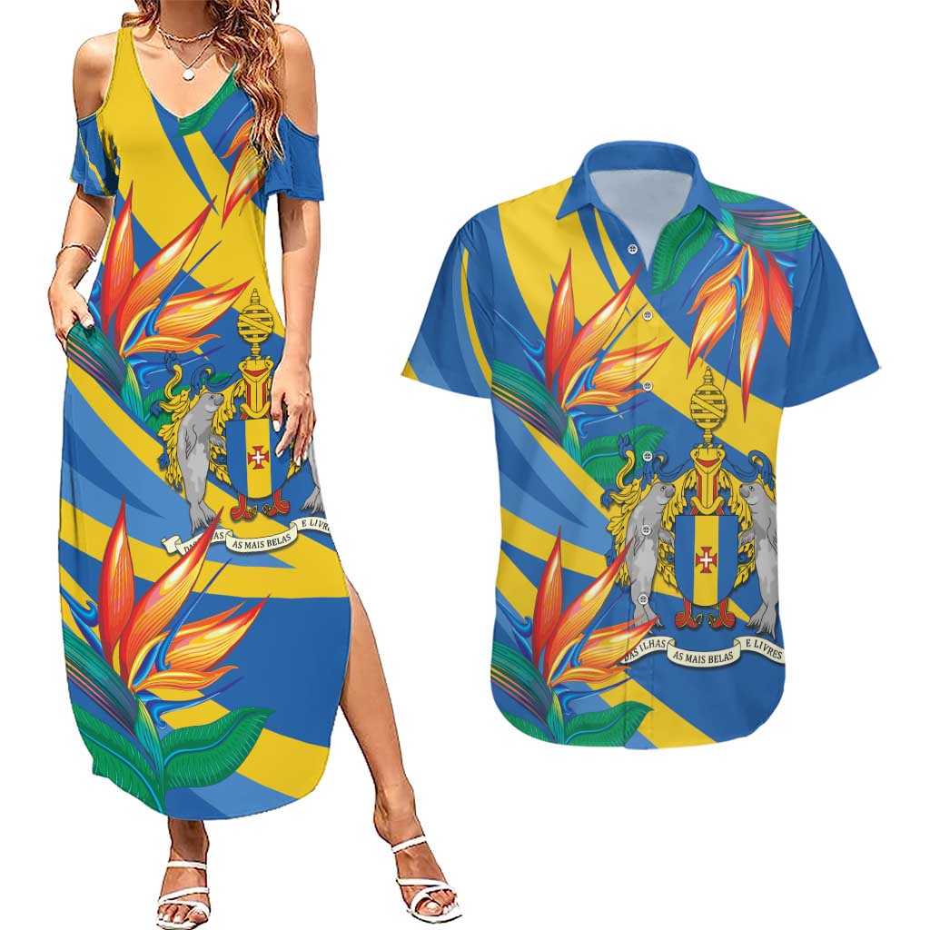 Bird of Paradise Flower Madeira Personalized Couples Matching Summer Maxi Dress and Hawaiian Shirt - Wonder Print Shop
