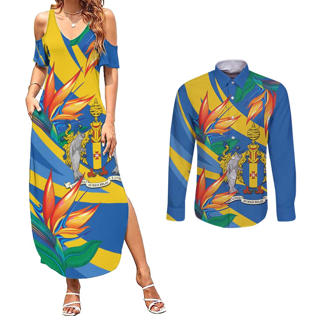 Bird of Paradise Flower Madeira Personalized Couples Matching Summer Maxi Dress and Long Sleeve Button Shirt - Wonder Print Shop