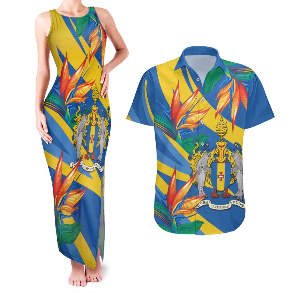 Bird of Paradise Flower Madeira Personalized Couples Matching Tank Maxi Dress and Hawaiian Shirt - Wonder Print Shop