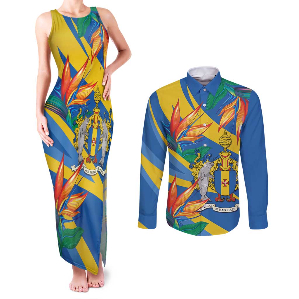 Bird of Paradise Flower Madeira Personalized Couples Matching Tank Maxi Dress and Long Sleeve Button Shirt - Wonder Print Shop