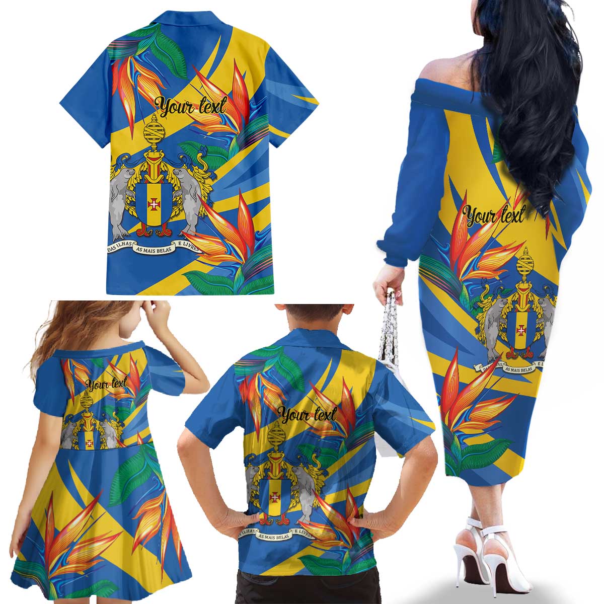 Bird of Paradise Flower Madeira Personalized Family Matching Off The Shoulder Long Sleeve Dress and Hawaiian Shirt - Wonder Print Shop