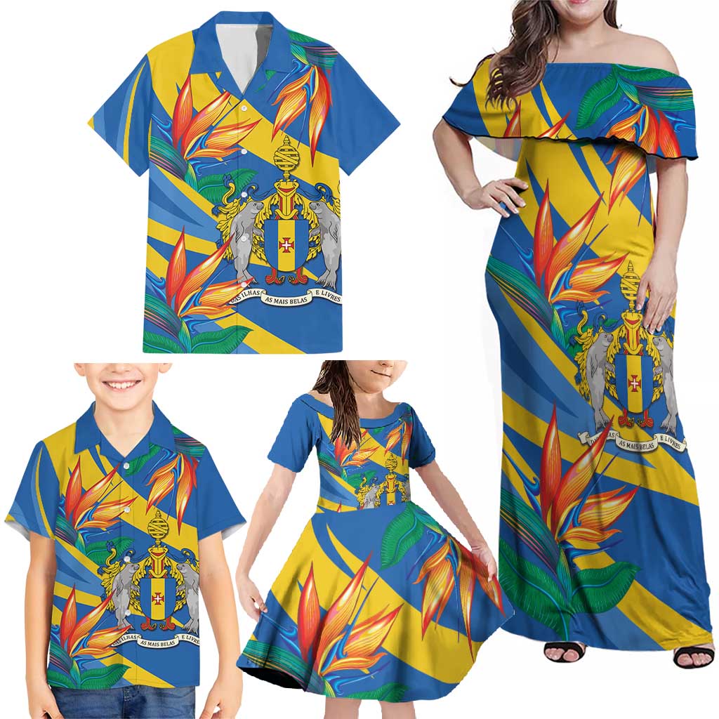 Bird of Paradise Flower Madeira Personalized Family Matching Off Shoulder Maxi Dress and Hawaiian Shirt - Wonder Print Shop
