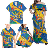 Bird of Paradise Flower Madeira Personalized Family Matching Off Shoulder Maxi Dress and Hawaiian Shirt - Wonder Print Shop