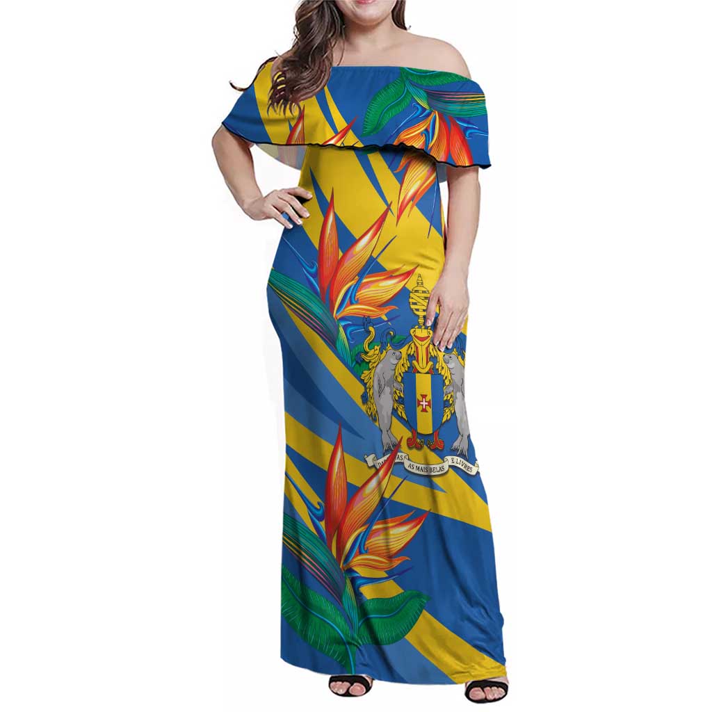 Bird of Paradise Flower Madeira Personalized Family Matching Off Shoulder Maxi Dress and Hawaiian Shirt - Wonder Print Shop