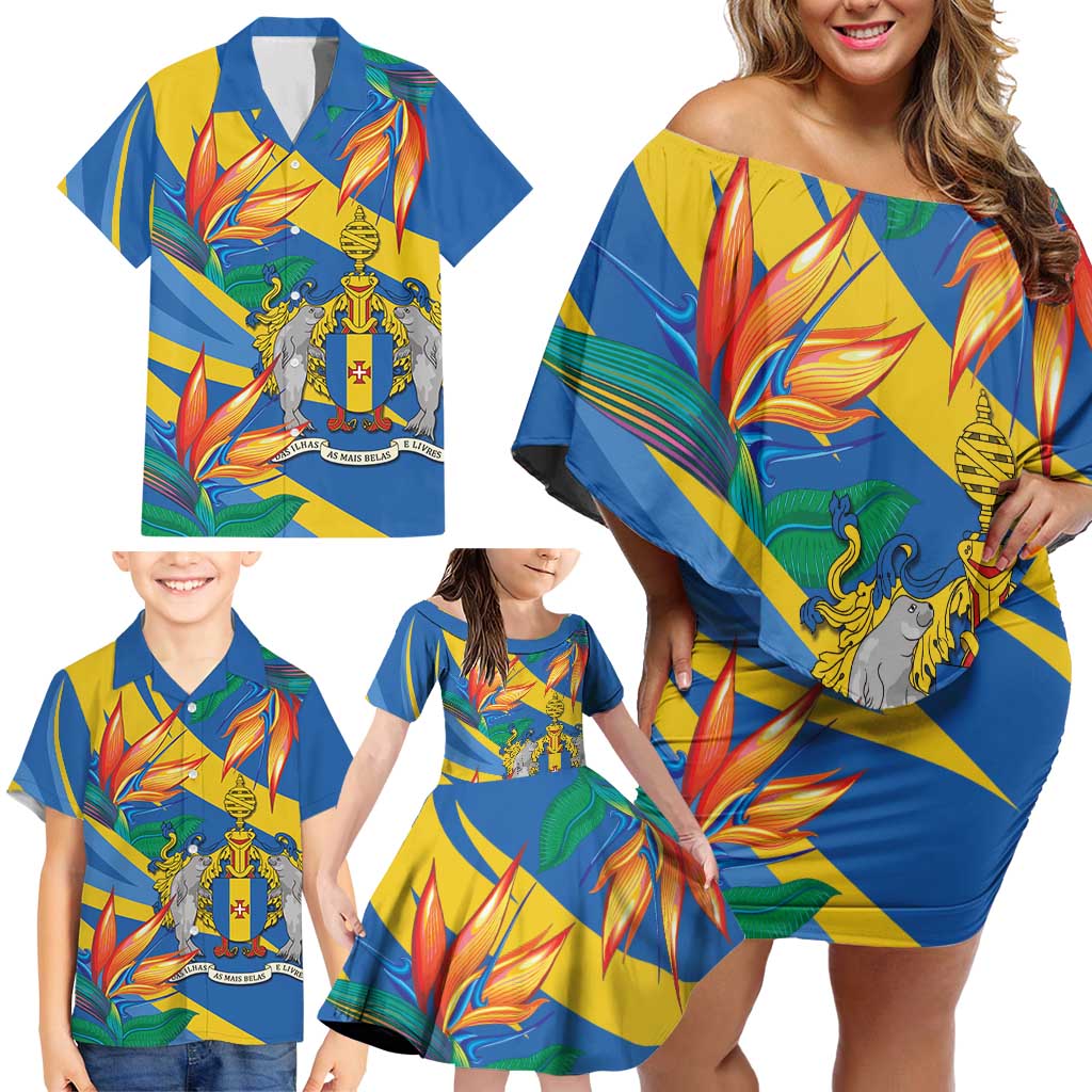 Bird of Paradise Flower Madeira Personalized Family Matching Off Shoulder Short Dress and Hawaiian Shirt - Wonder Print Shop