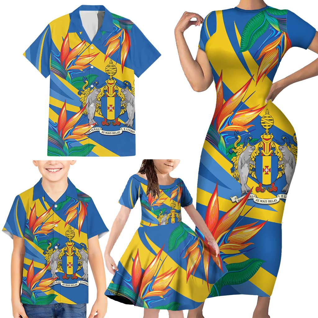 Bird of Paradise Flower Madeira Personalized Family Matching Short Sleeve Bodycon Dress and Hawaiian Shirt - Wonder Print Shop