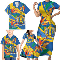 Bird of Paradise Flower Madeira Personalized Family Matching Short Sleeve Bodycon Dress and Hawaiian Shirt - Wonder Print Shop