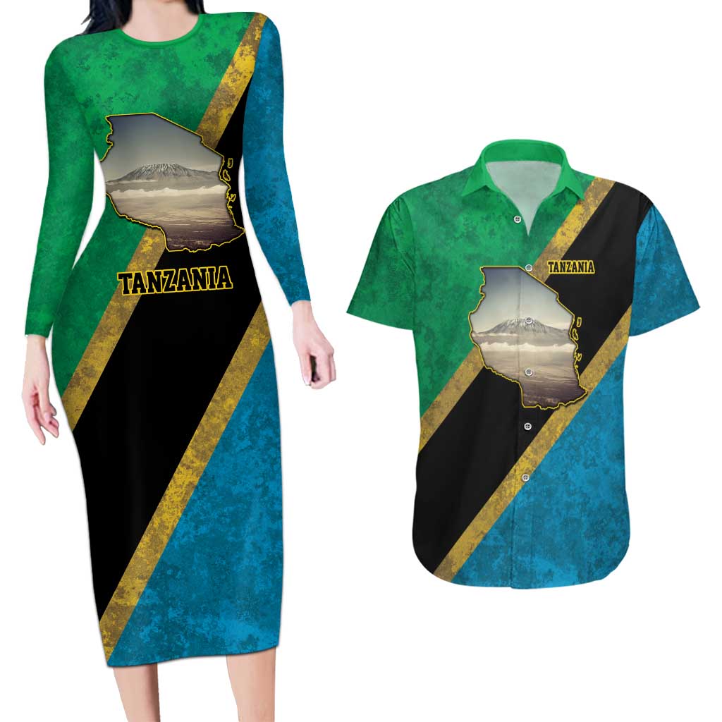 Kilimanjaro Tanzania Couples Matching Long Sleeve Bodycon Dress and Hawaiian Shirt Grunge Flag Map of Tanzania - Wonder Print Shop