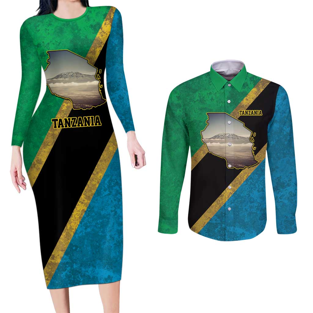 Kilimanjaro Tanzania Couples Matching Long Sleeve Bodycon Dress and Long Sleeve Button Shirt Grunge Flag Map of Tanzania - Wonder Print Shop