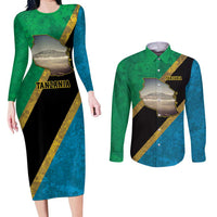 Kilimanjaro Tanzania Couples Matching Long Sleeve Bodycon Dress and Long Sleeve Button Shirt Grunge Flag Map of Tanzania - Wonder Print Shop
