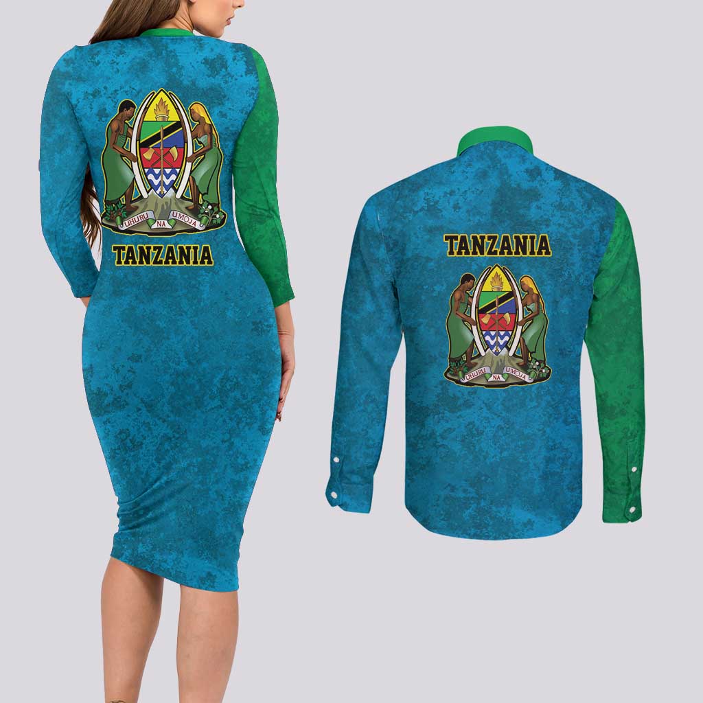 Kilimanjaro Tanzania Couples Matching Long Sleeve Bodycon Dress and Long Sleeve Button Shirt Grunge Flag Map of Tanzania - Wonder Print Shop
