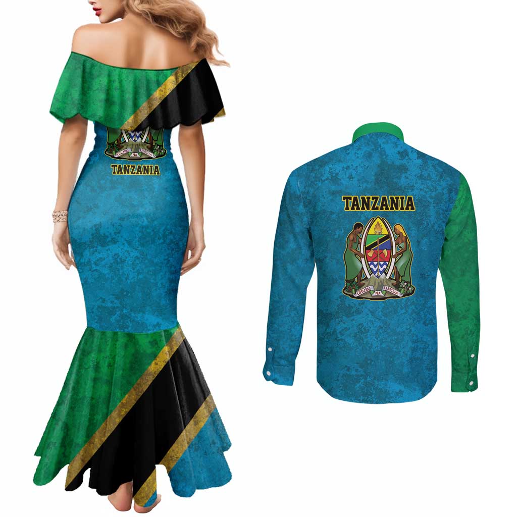Kilimanjaro Tanzania Couples Matching Mermaid Dress and Long Sleeve Button Shirt Grunge Flag Map of Tanzania - Wonder Print Shop